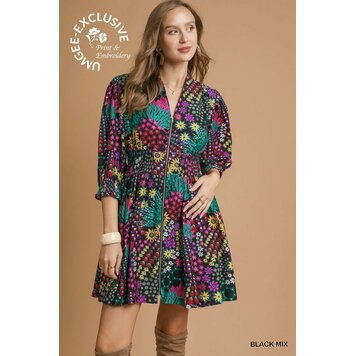 Umgee Mix Floral Zip Front Mini Dress