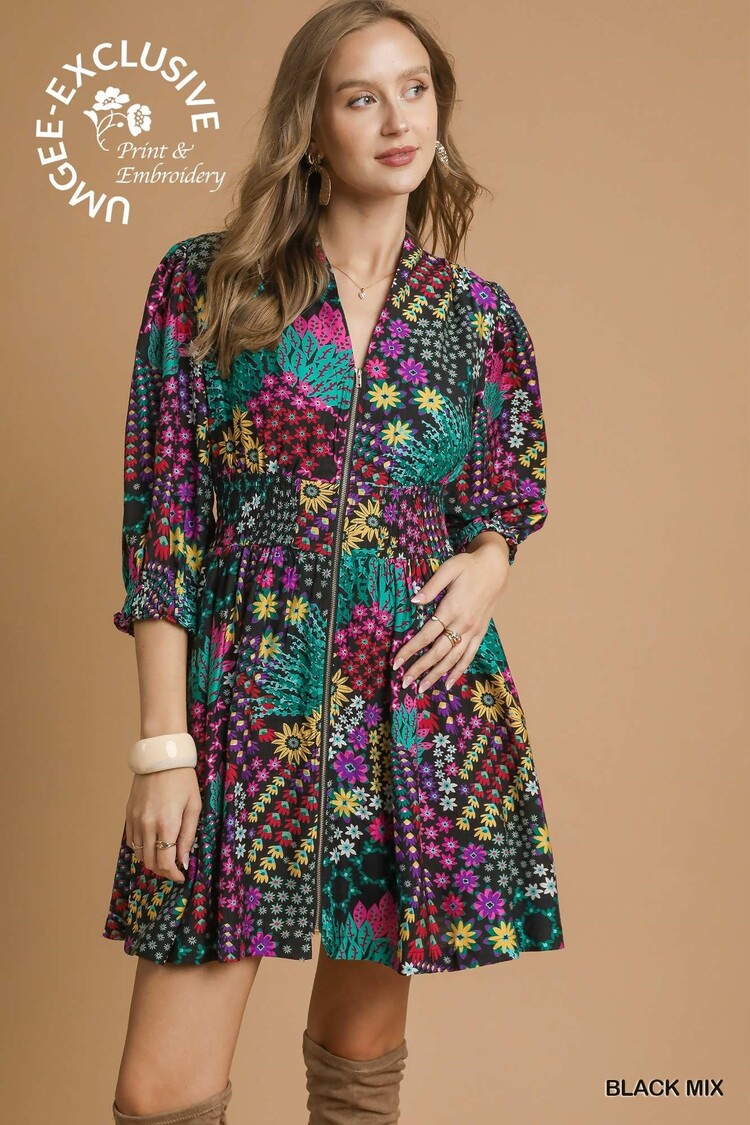 Umgee Mix Floral Zip Front Mini Dress