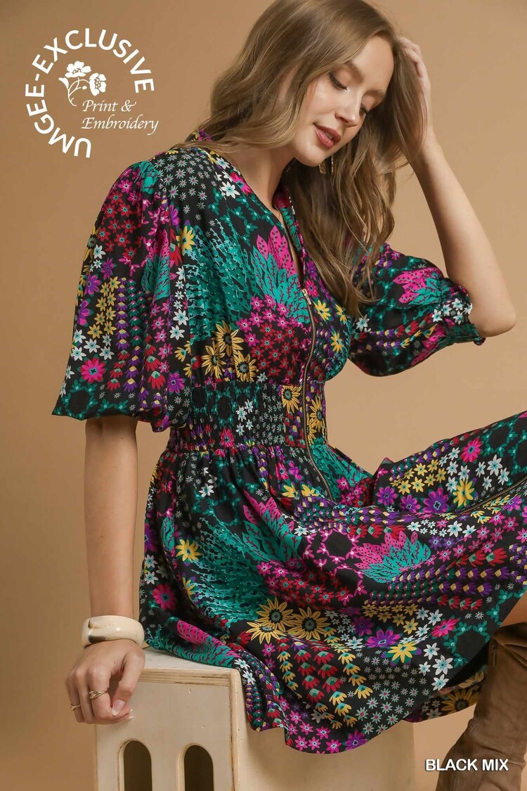 Umgee Mix Floral Zip Front Mini Dress