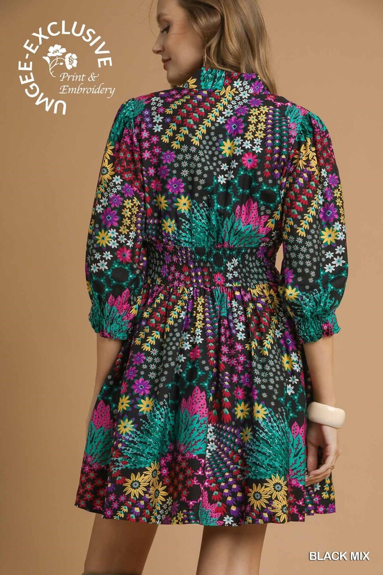 Umgee Mix Floral Zip Front Mini Dress