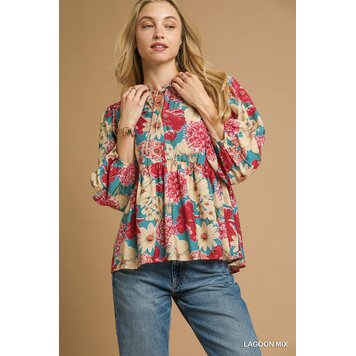 Umgee Mix Floral Peplum Blouse with Tie Neck