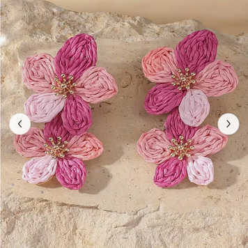 Hand-woven Raffia Two Flower Earrings - Rose Red
