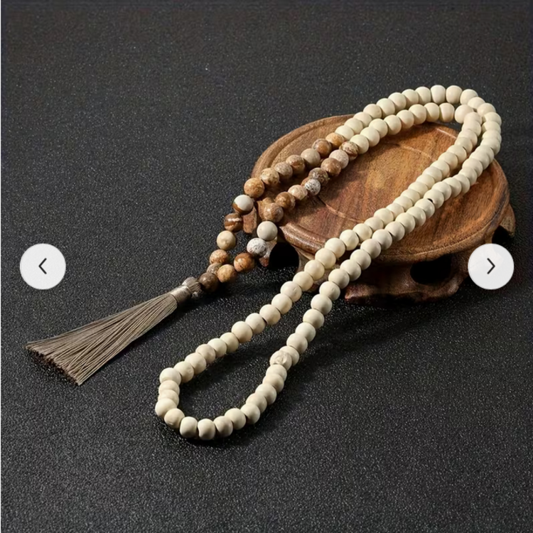 Natural Stone Beaded Hand Knotted Tassel Necklace - Khaki