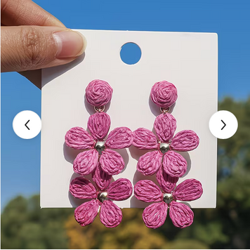 Raffia Drop Earrings Pink 2 Flowers