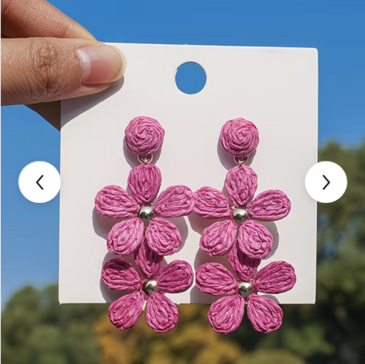Raffia Drop Earrings Pink 2 Flowers