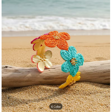 Bohemian Handcrafted Colorful Raffia Flower Open Bangle - Multi