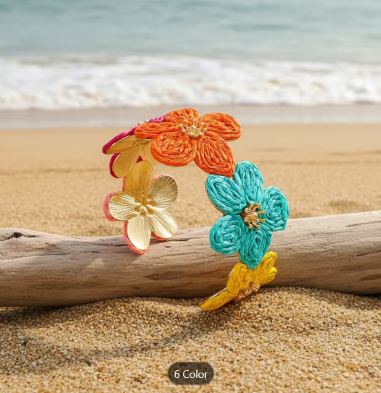 Bohemian Handcrafted Colorful Raffia Flower Open Bangle - Multi