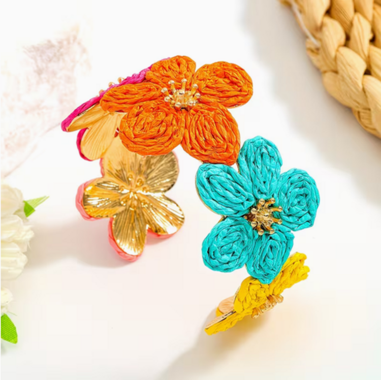 Bohemian Handcrafted Colorful Raffia Flower Open Bangle - Multi
