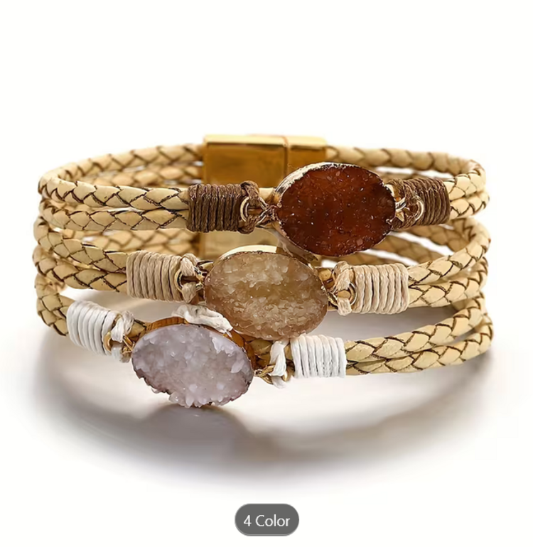 Bohemian Triple Stone Braided Wrap Bracelet