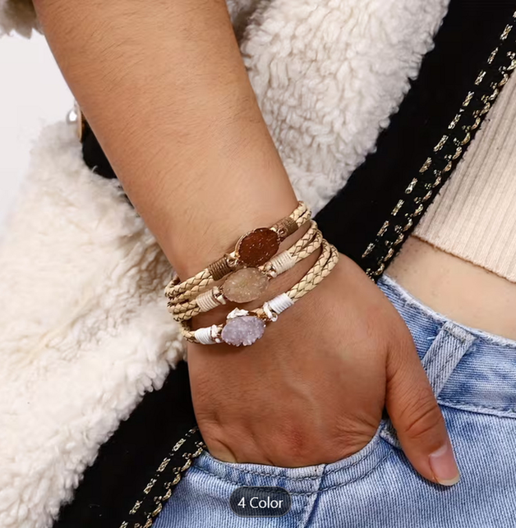 Bohemian Triple Stone Braided Wrap Bracelet