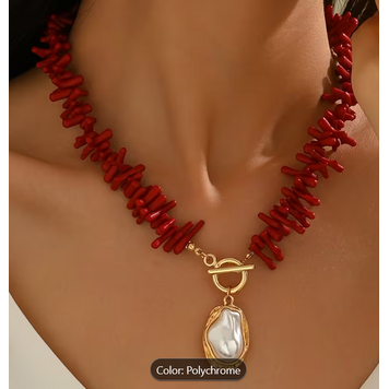 Bohemian Style Coral Baroque Imitation Pearl Pendant Necklace