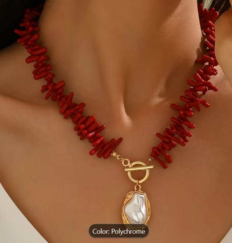 Bohemian Style Coral Baroque Imitation Pearl Pendant Necklace