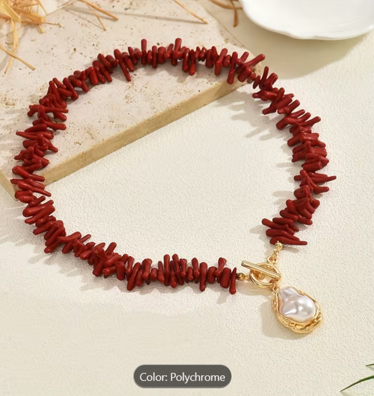 Bohemian Style Coral Baroque Imitation Pearl Pendant Necklace