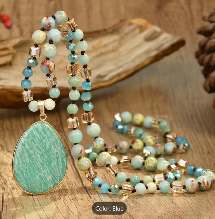 Bohemian Amazonite Blue Stone Pendant Necklace