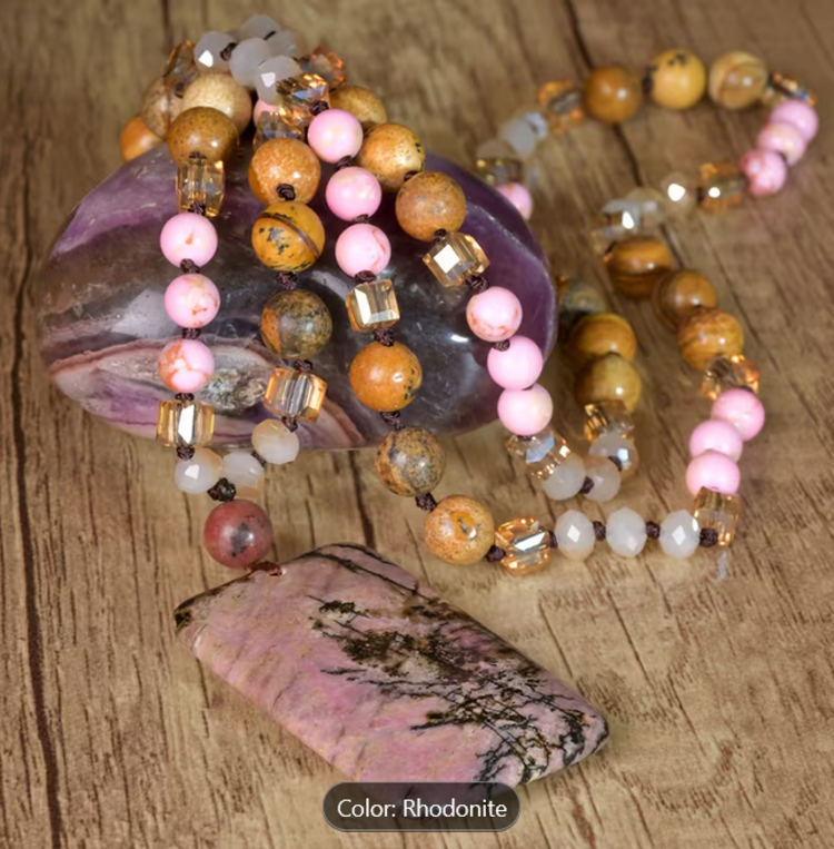 Vintage Natural Stone Rhodonite  Long Necklace