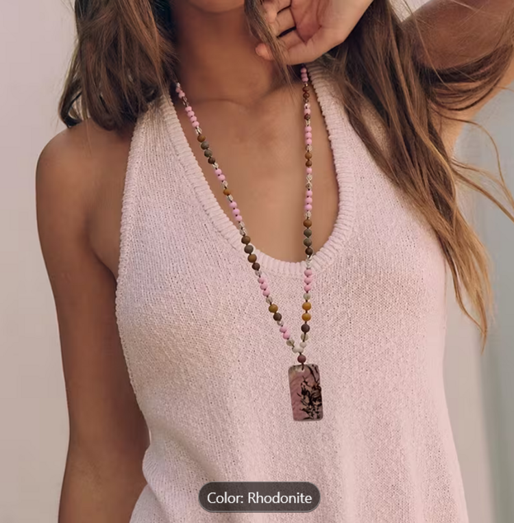 Vintage Natural Stone Rhodonite  Long Necklace