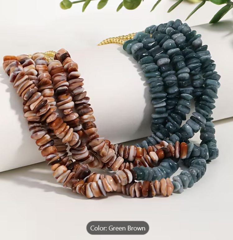 Bohemian Geometric Irregular Multi-Layer Beaded Necklace - Brown Sea Green