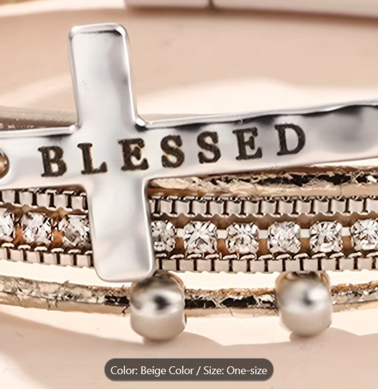 Leather Blessed Cross Rhinestone Bracelet