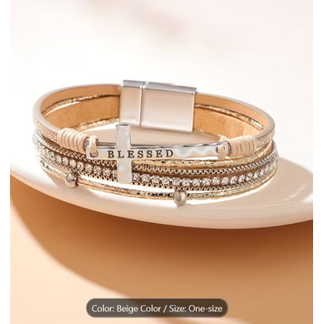 Leather Blessed Cross Rhinestone Bracelet