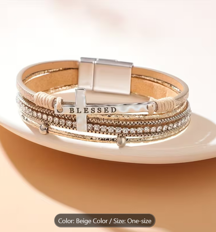 Leather Blessed Cross Rhinestone Bracelet