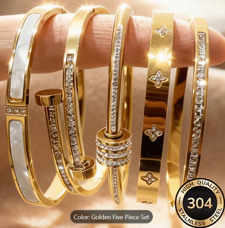 Set of 5 18k Gold Plated Stainless Steel  Bangle Stackable Cuff Bracelets