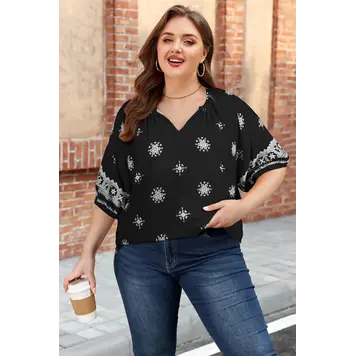 Boho Chic Notched V Neck Plus Floral Short Sleeve Top