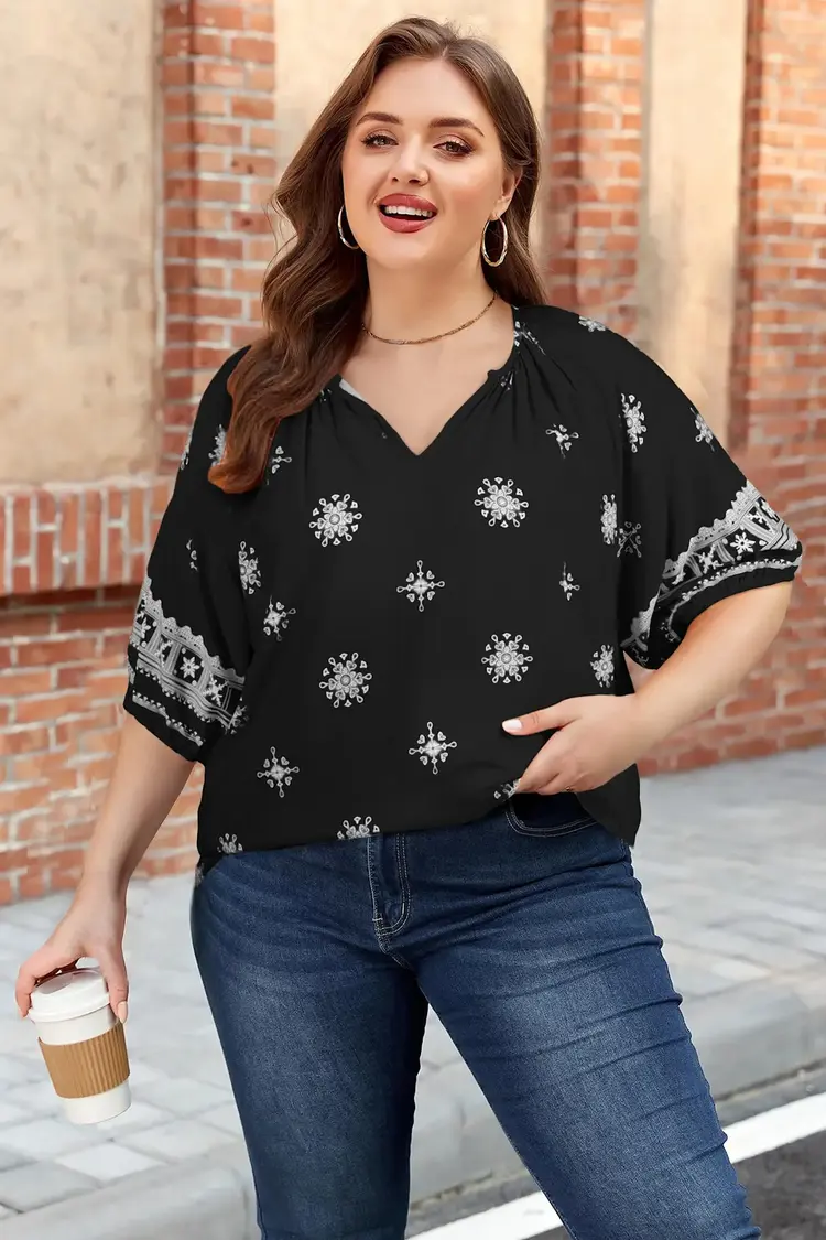 Boho Chic Notched V Neck Plus Floral Short Sleeve Top