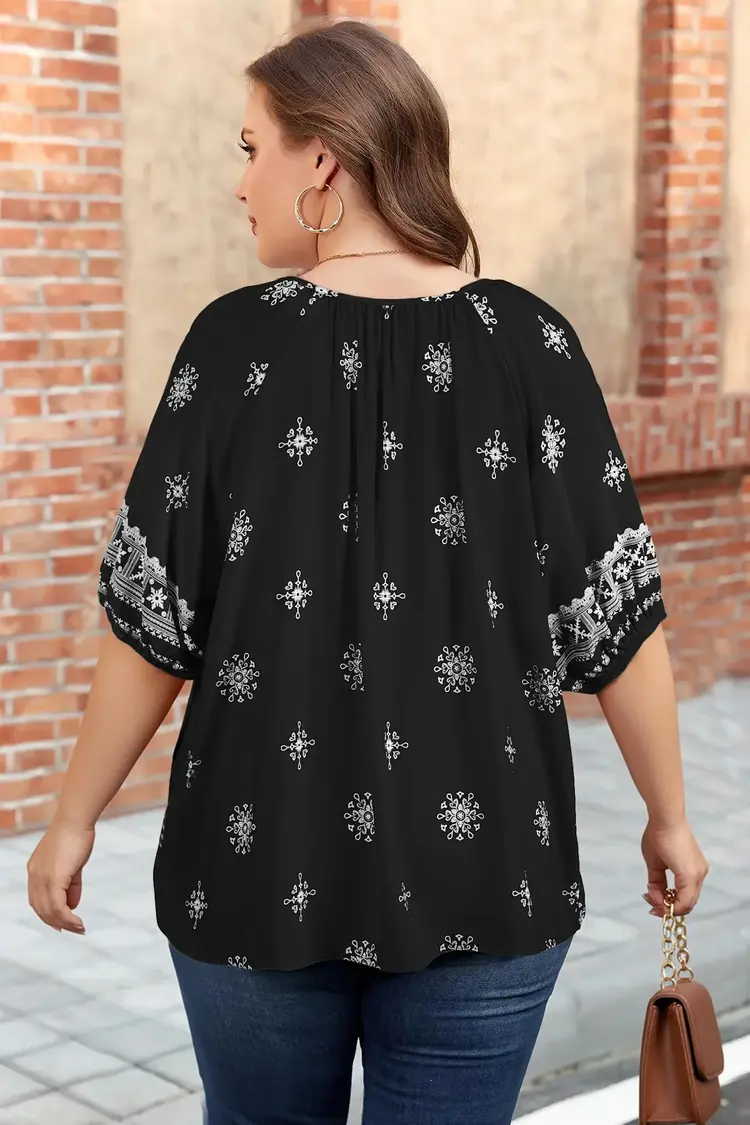 Boho Chic Notched V Neck Plus Floral Short Sleeve Top