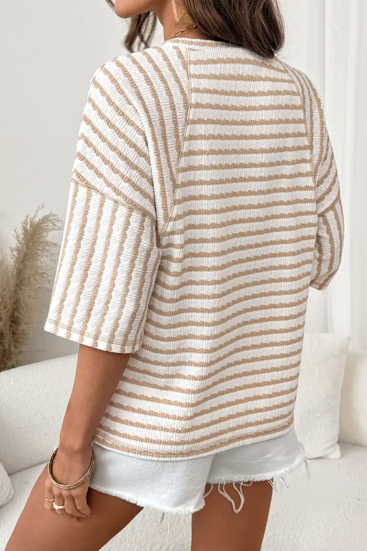 Textured Knit Split Hem Half Sleeve Loose Top
