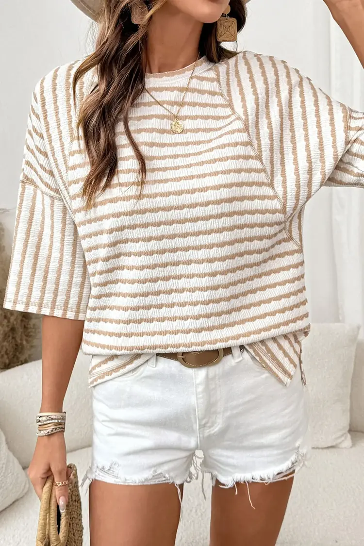 Textured Knit Split Hem Half Sleeve Loose Top