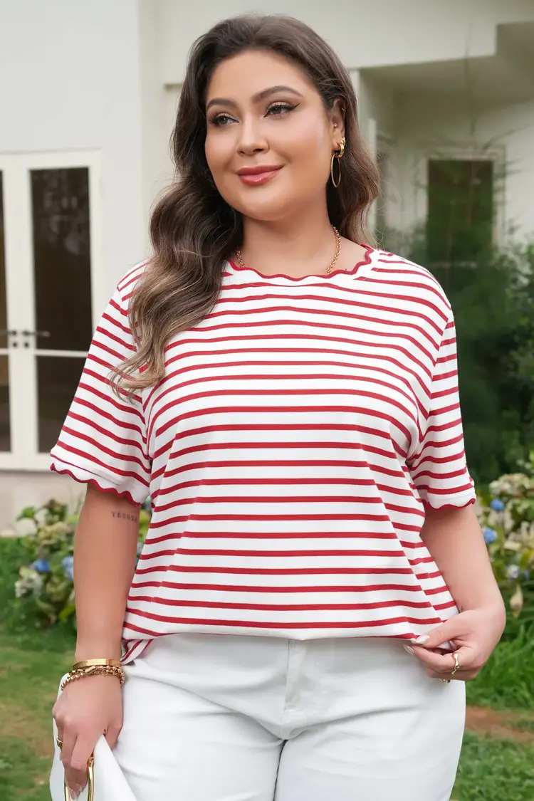 Dear Lover Scalloped Trim Round Neck Short Sleeve Top
