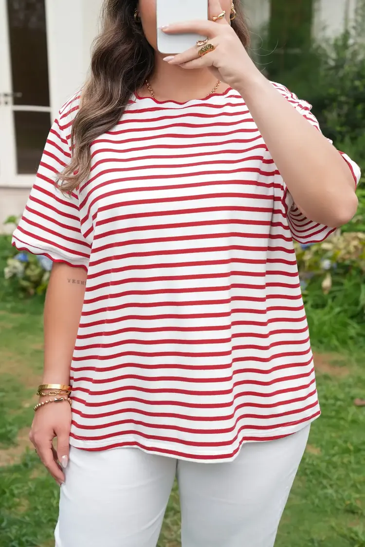 Dear Lover Scalloped Trim Round Neck Short Sleeve Top