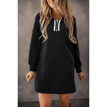 Jacquard Textured Quarter Zipper Shift Mini Dress