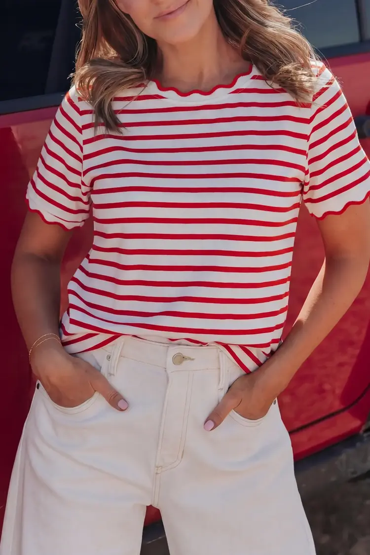 Dear Lover Scalloped Trim Round Neck Short Sleeve Top
