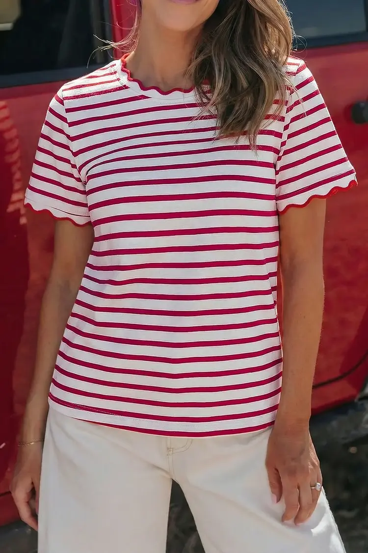 Dear Lover Scalloped Trim Round Neck Short Sleeve Top