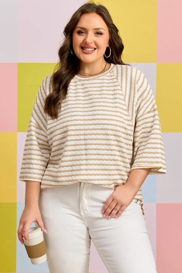Textured Knit Split Hem Half Sleeve Loose Top