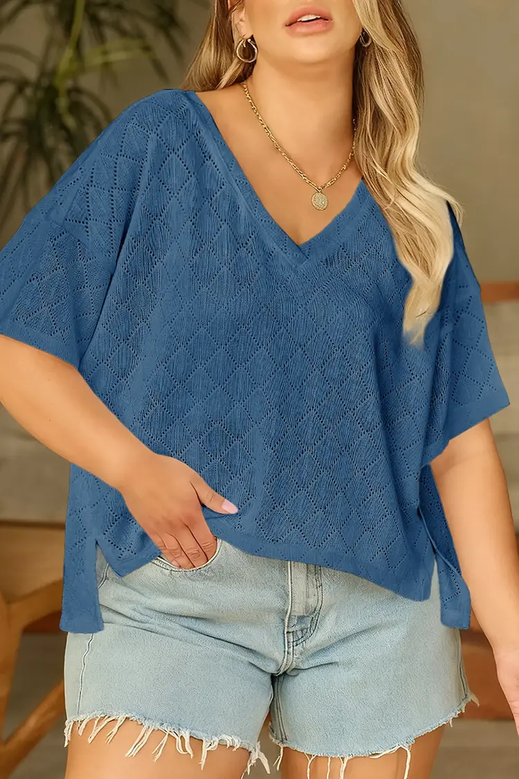 Pointelle Rhombus Knit Plus Size V Neck Loose Top