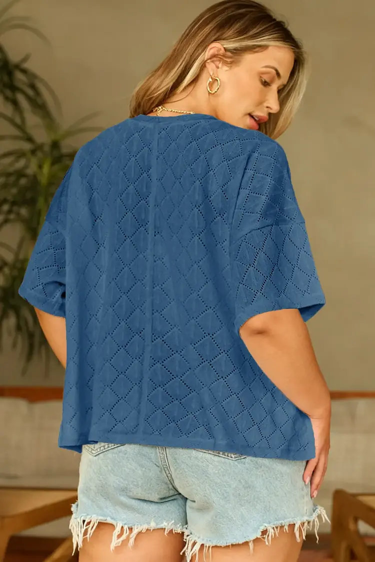 Pointelle Rhombus Knit Plus Size V Neck Loose Top