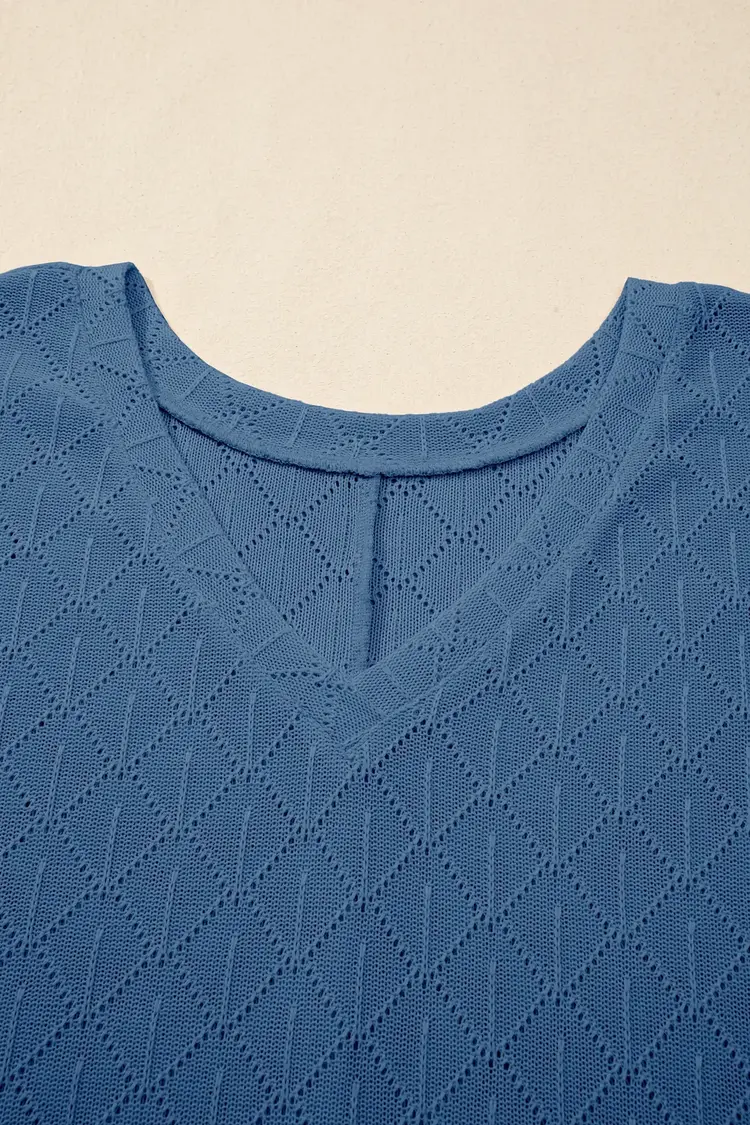 Pointelle Rhombus Knit Plus Size V Neck Loose Top
