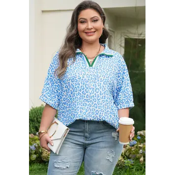 Striped V Neckline Half Sleeve Plus Size Leopard Blouse