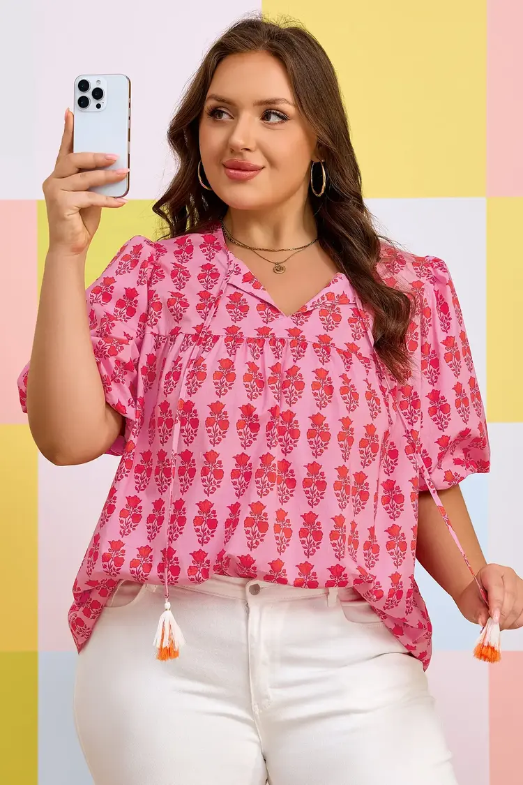 Floral Print Tassel Tie Puff Sleeve Cotton Blouse
