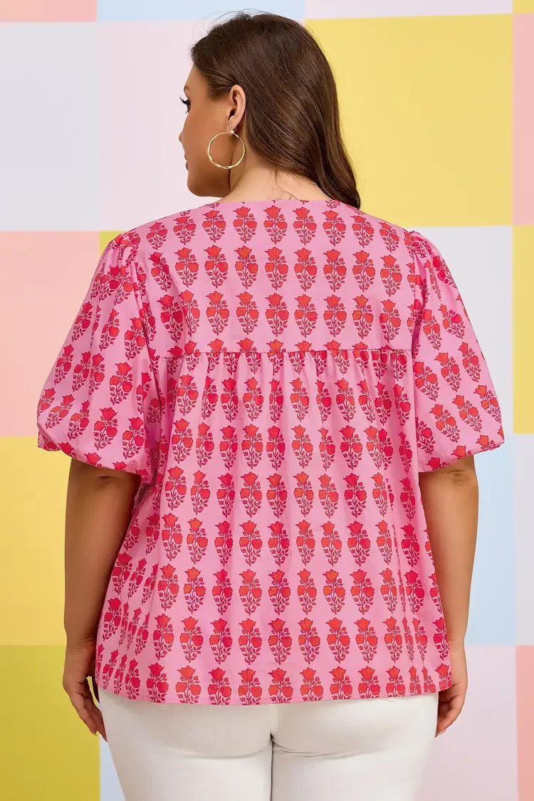 Floral Print Tassel Tie Puff Sleeve Cotton Blouse