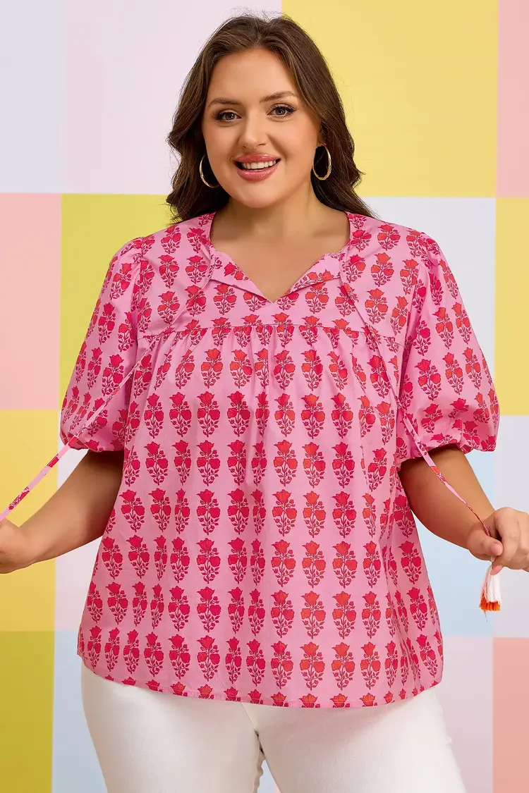 Floral Print Tassel Tie Puff Sleeve Cotton Blouse
