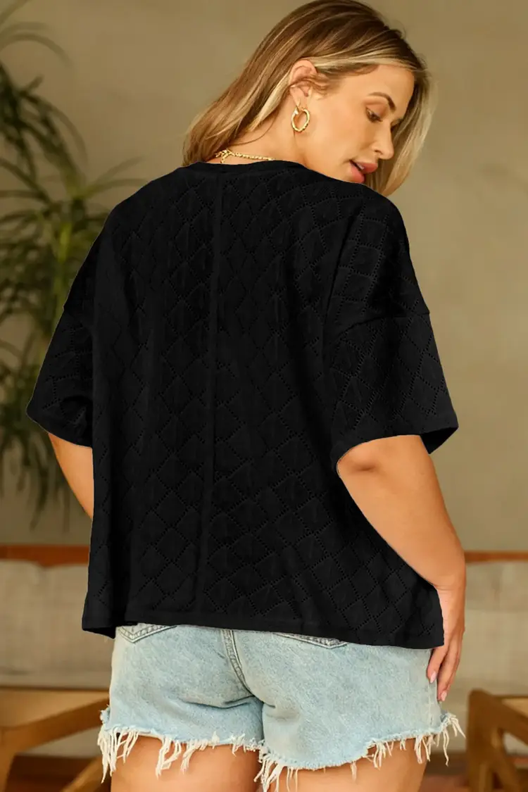 Pointelle Rhombus Knit Plus Size V Neck Loose Top