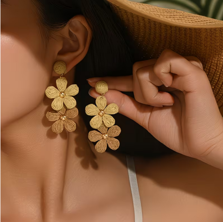 Raffia Drop Earrings Coffee 2 Flowers