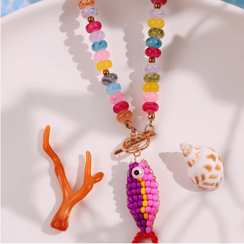 Bohemian Colorful Stone Beaded Fish Pendant Necklace - Purple