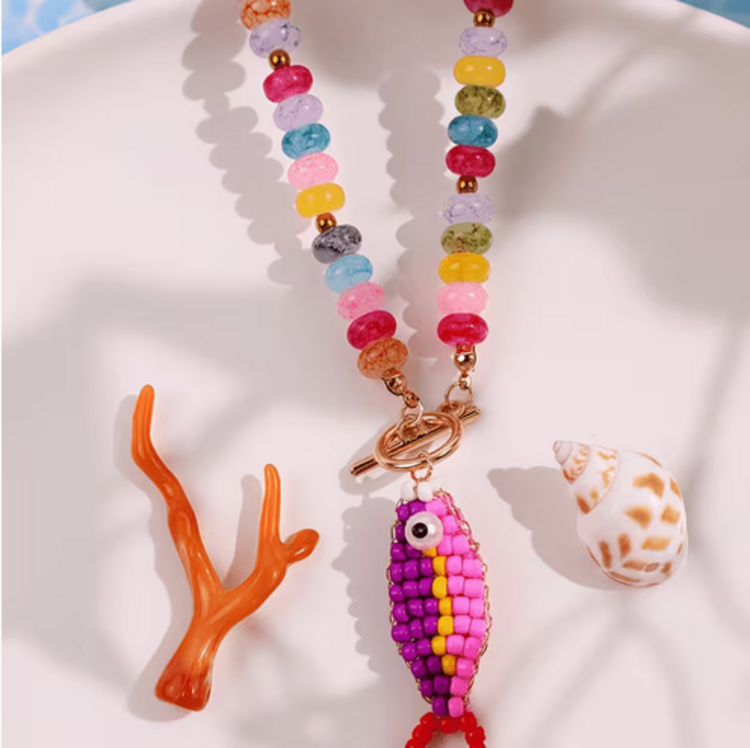 Bohemian Colorful Stone Beaded Fish Pendant Necklace - Purple