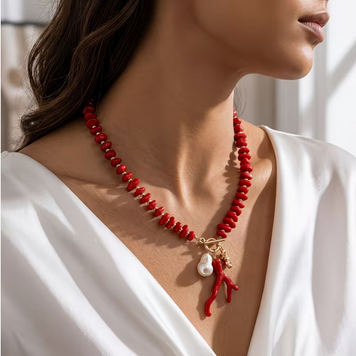 Trendy Coral Pendant OT Buckle Clavicle Chain Handmade Necklace - Red