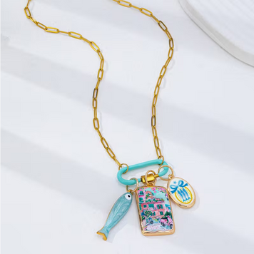 Gold Plated Tropical Necklace with Adjustable Paperclip Chain and Colorful Enamel Pendants-teal