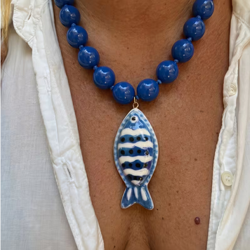 Beaded Double Layer Necklace with Hand-Painted Little Fish Pendant - Blue